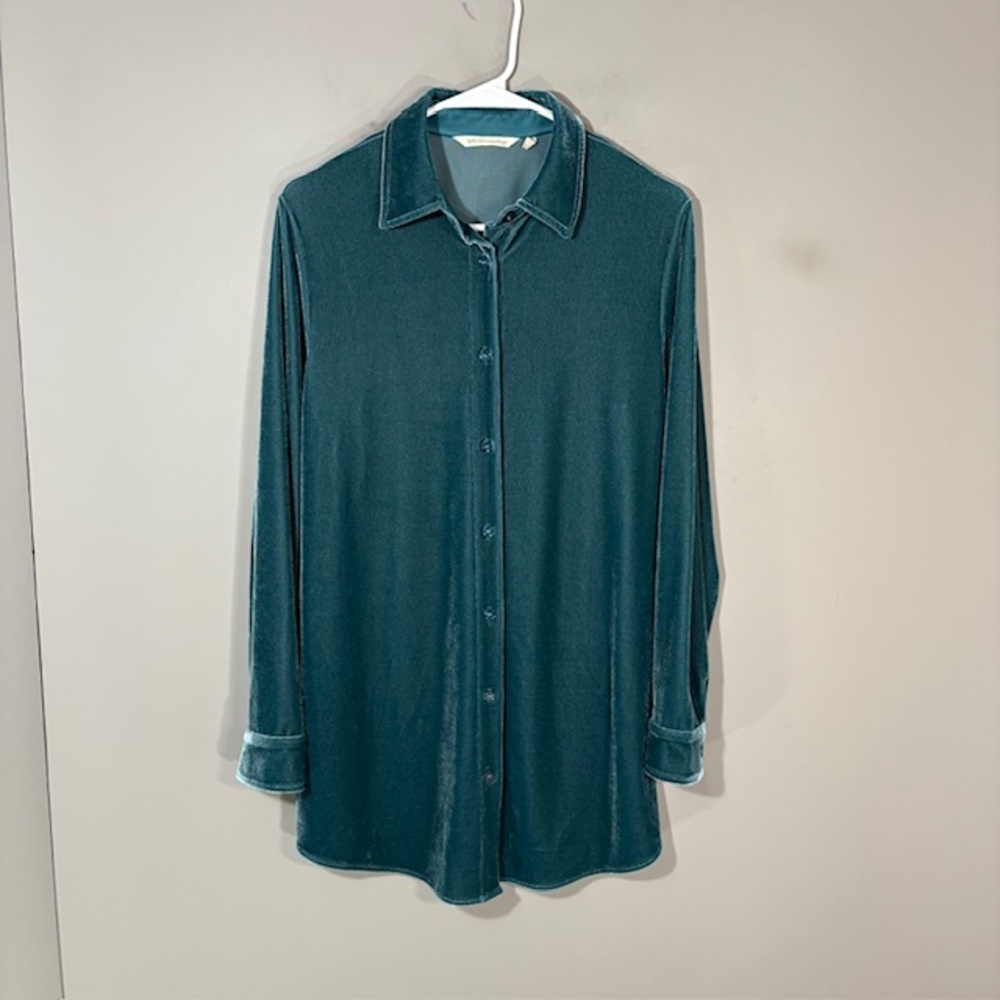 Soft Surroundings Shirt Womens XS Blue Velour Button Long Sleeve Tunic Top